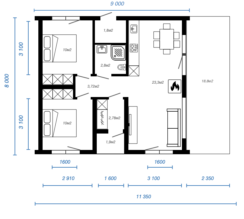 Смотреть планировку модульного дома alpinebarn 1 этаж