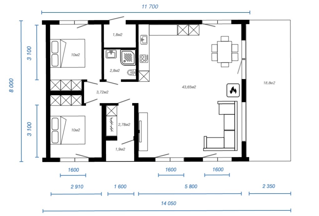 Смотреть планировку модульного дома alpinebarn 1 этаж