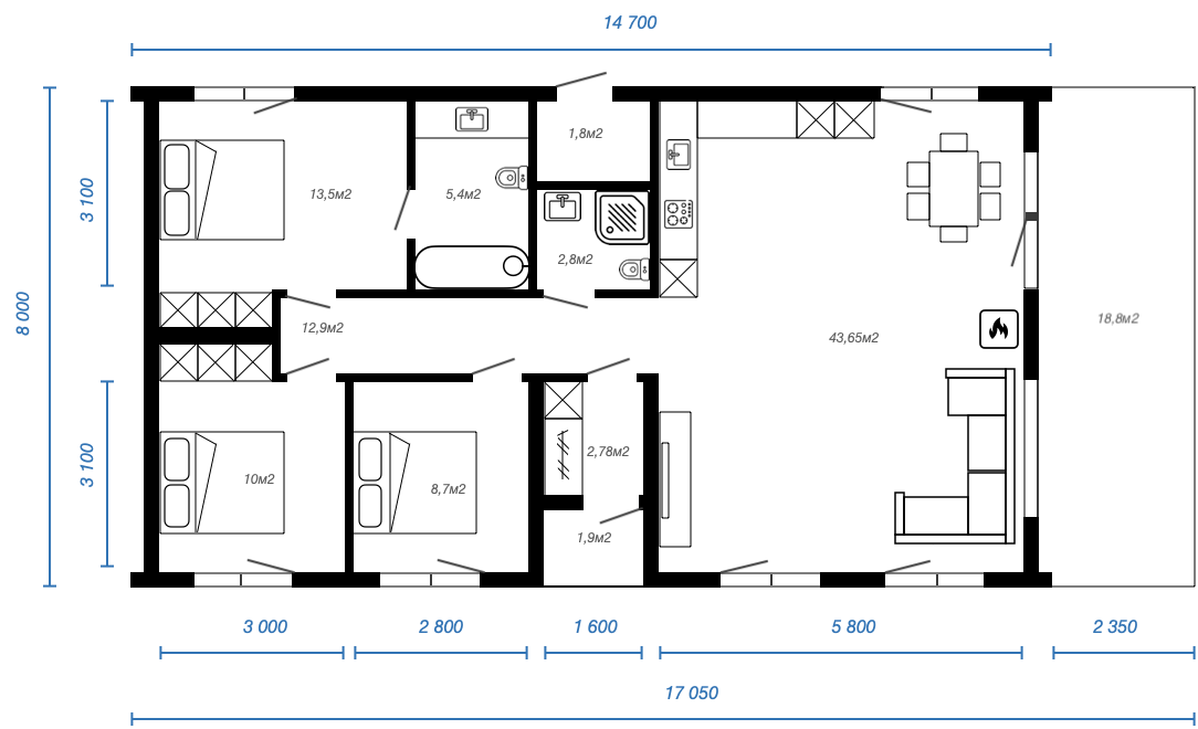 Смотреть планировку модульного дома alpinefachwerk 1 этаж