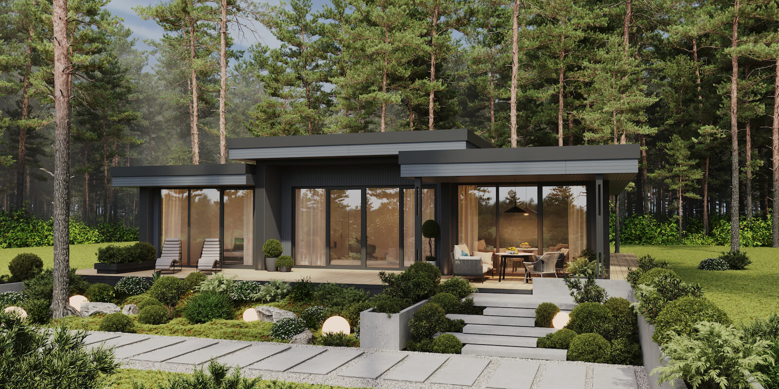 Модульные дома и бани под кдюч. Проекты барнхаусов или с плоской крышей. Проект номер andorra