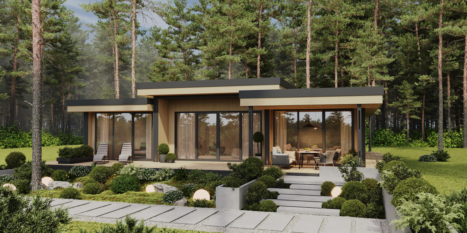 Модульные дома и бани под кдюч. Проекты барнхаусов или с плоской крышей. Проект номер andorra