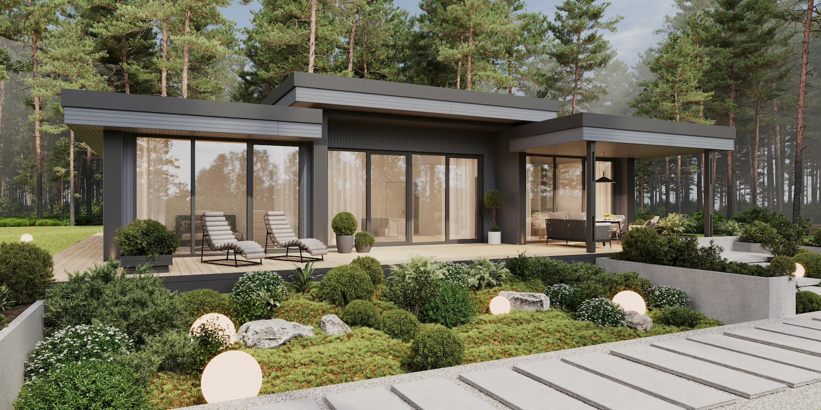 Модульные дома и бани под кдюч. Проекты барнхаусов или с плоской крышей. Проект номер andorra