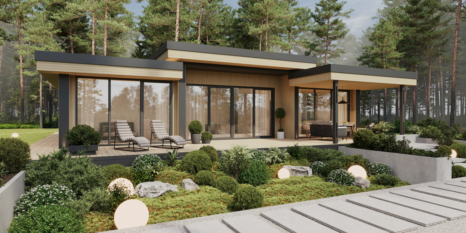 Модульные дома и бани под кдюч. Проекты барнхаусов или с плоской крышей. Проект номер andorra