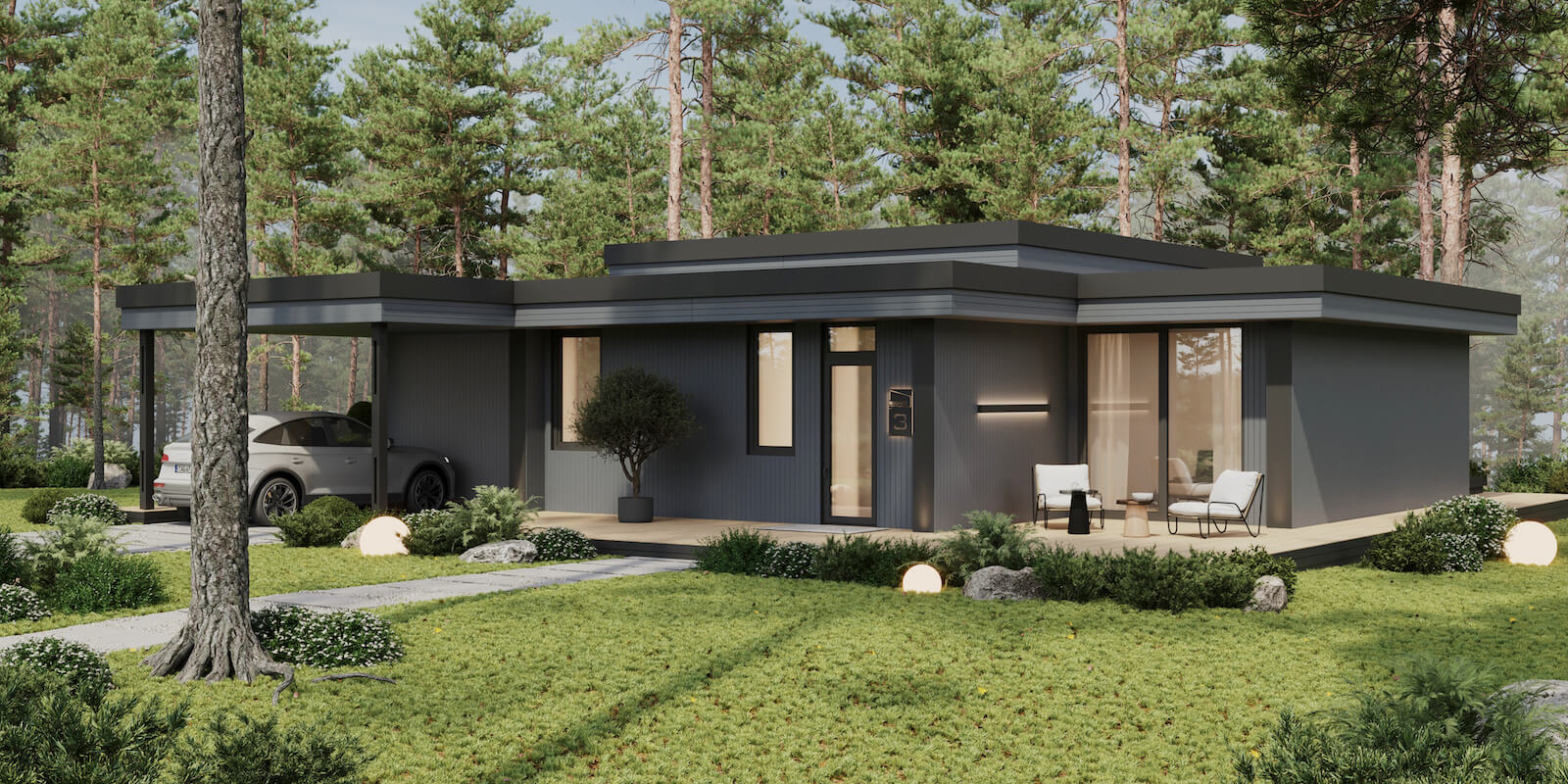 Модульные дома и бани под кдюч. Проекты барнхаусов или с плоской крышей. Проект номер andorra