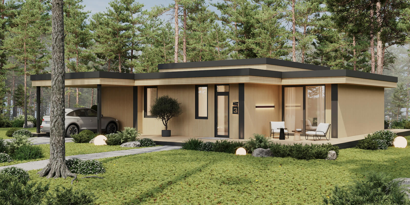 Модульные дома и бани под кдюч. Проекты барнхаусов или с плоской крышей. Проект номер andorra