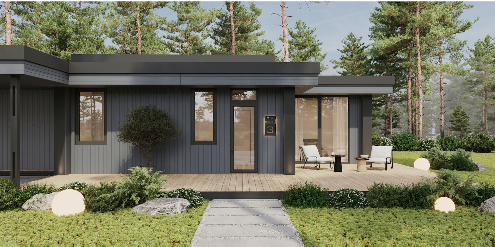 Модульные дома и бани под кдюч. Проекты барнхаусов или с плоской крышей. Проект номер andorra