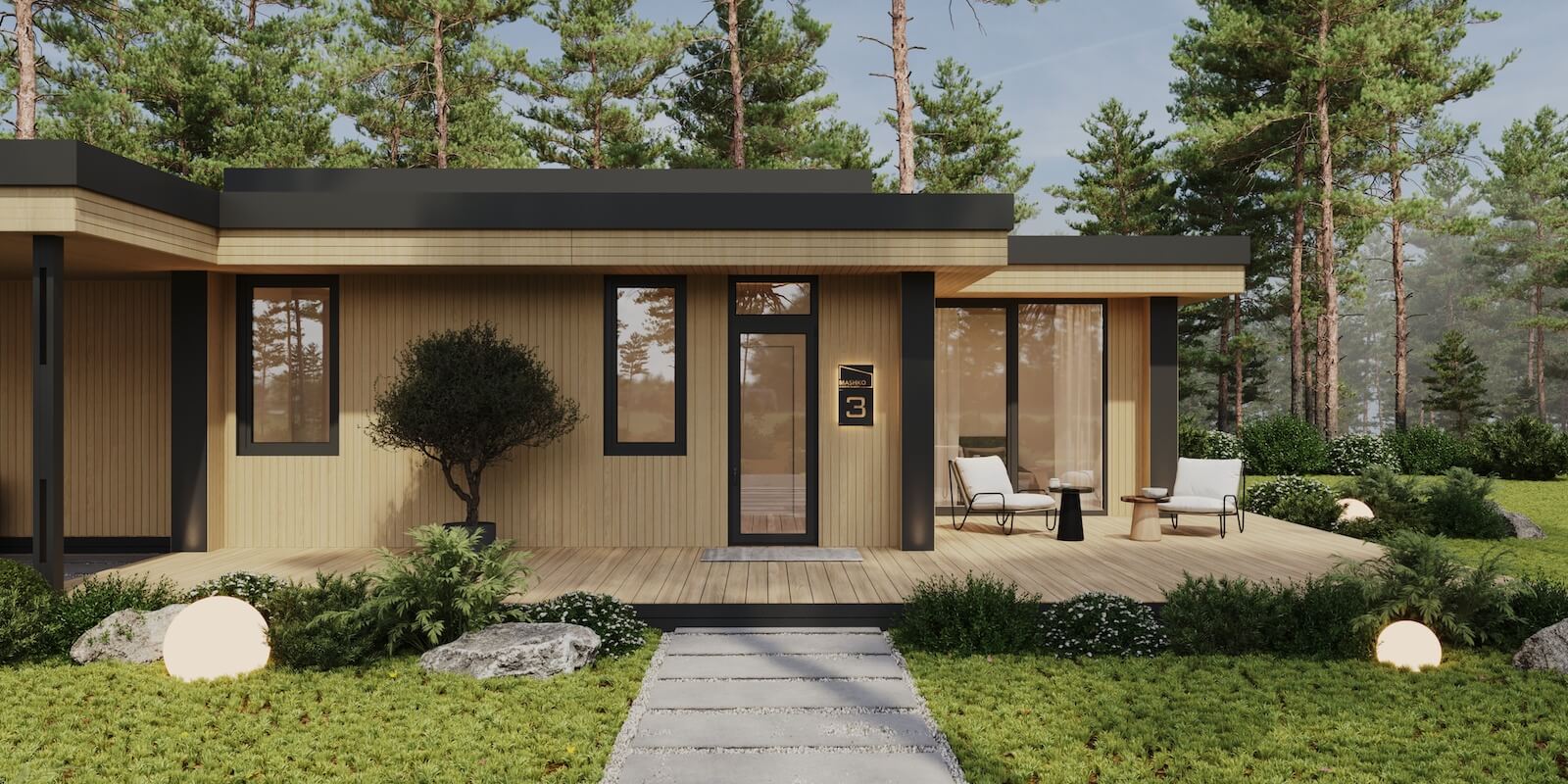 Модульные дома и бани под кдюч. Проекты барнхаусов или с плоской крышей. Проект номер andorra