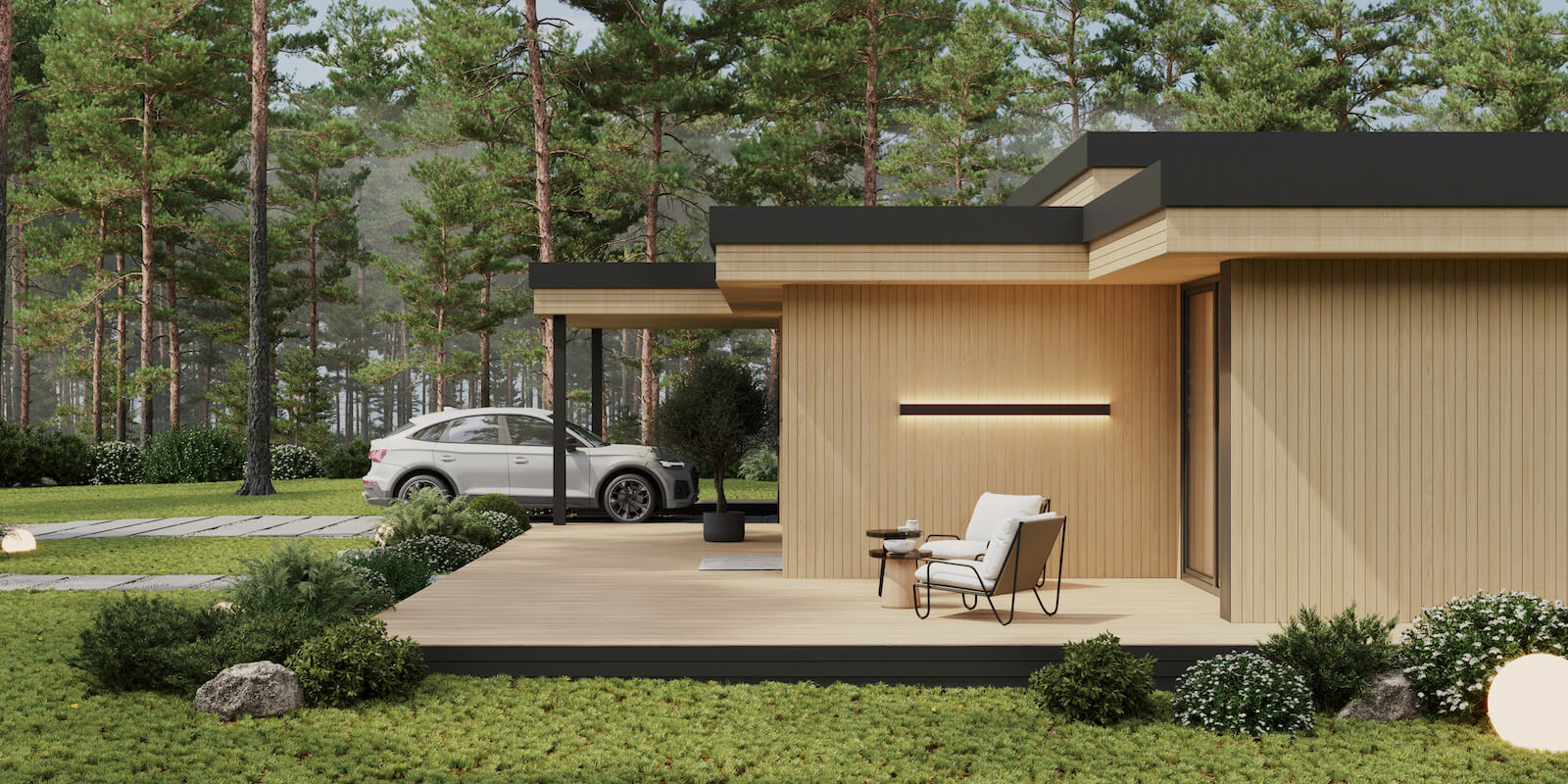 Модульные дома и бани под кдюч. Проекты барнхаусов или с плоской крышей. Проект номер andorra