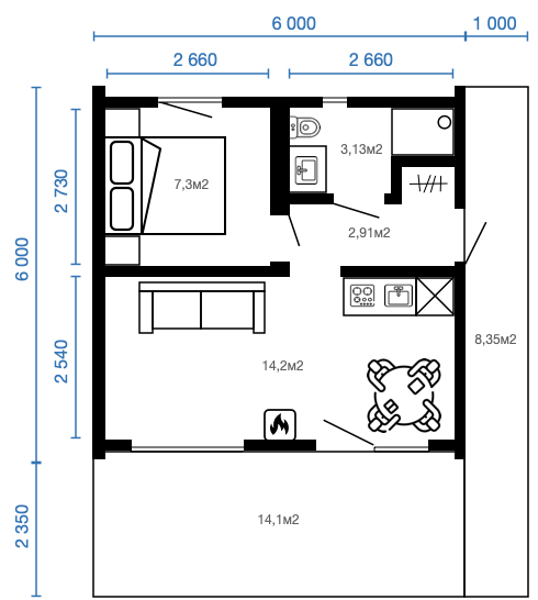 Смотреть планировку модульного дома chalet 1 этаж