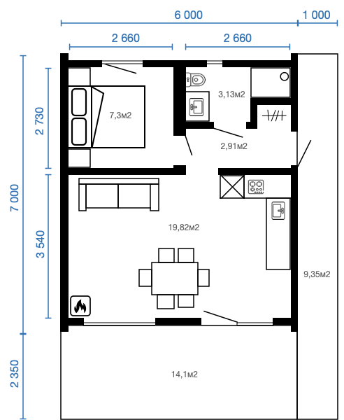 Смотреть планировку модульного дома chalet 1 этаж