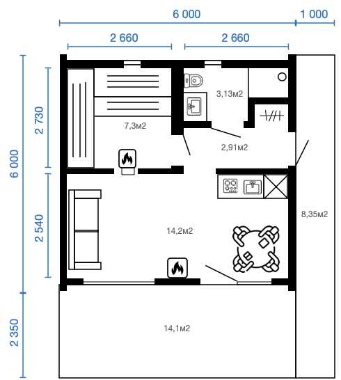 Смотреть планировку модульного дома chalet 1 этаж