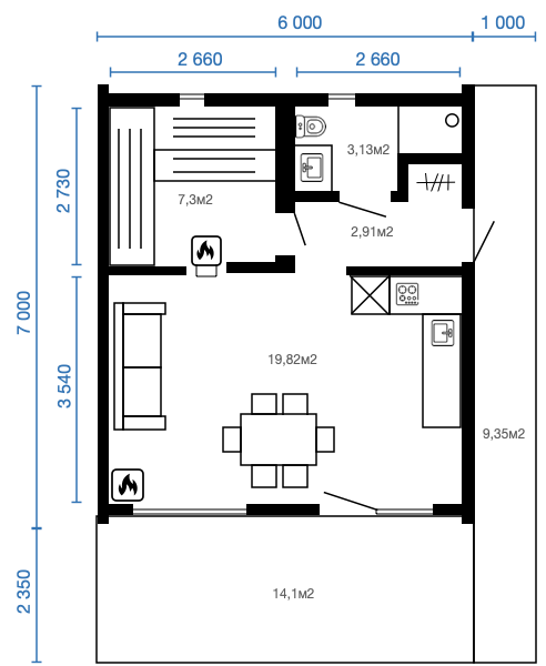 Смотреть планировку модульного дома chalet 1 этаж