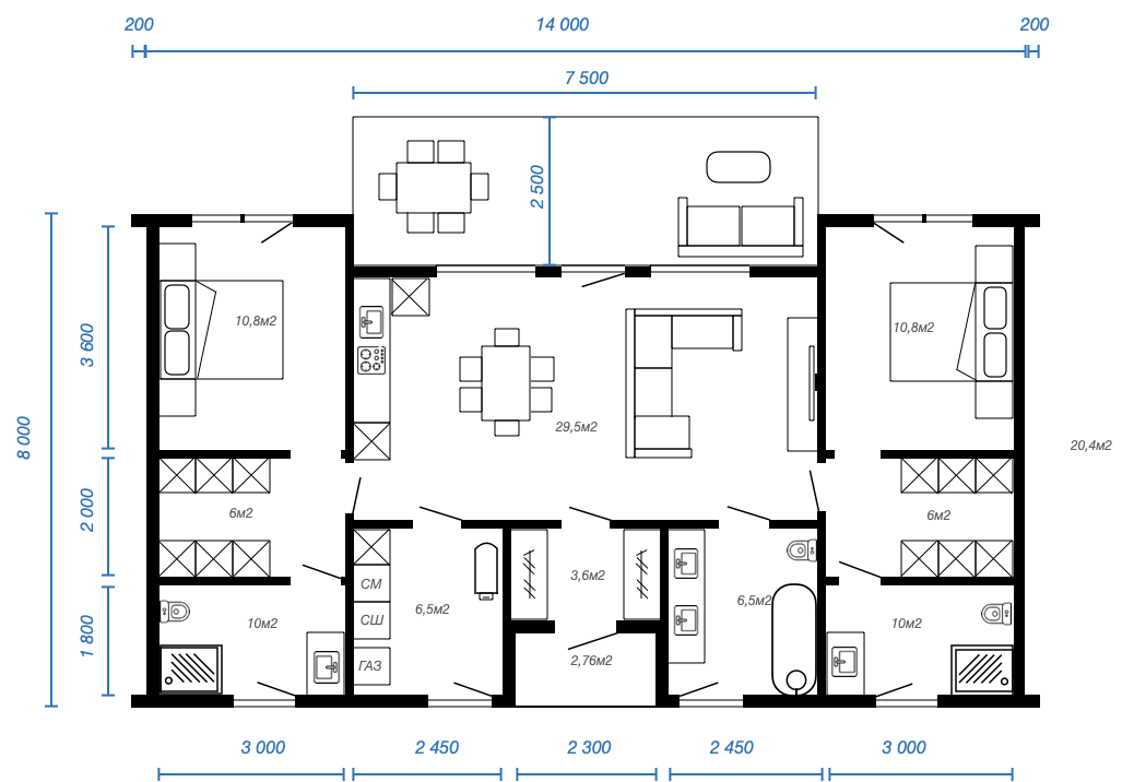Смотреть планировку модульного дома openspace 1 этаж