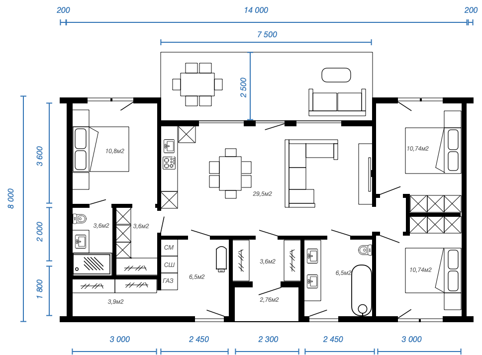 Смотреть планировку модульного дома openspace 1 этаж